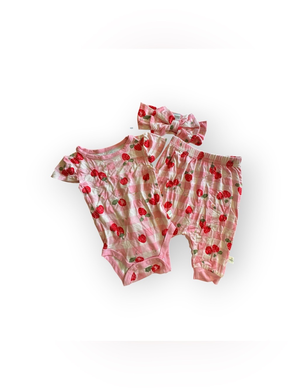 NWOT Milkberry Pink Strawberry Print Baby Onesie & Pants Set with Headband